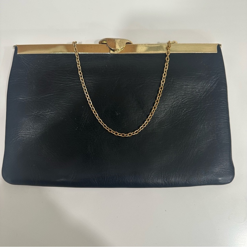 Vintage Etra Black Leather Clutch w/ Gold Chain Strap - Mid-Century Evening Bag
